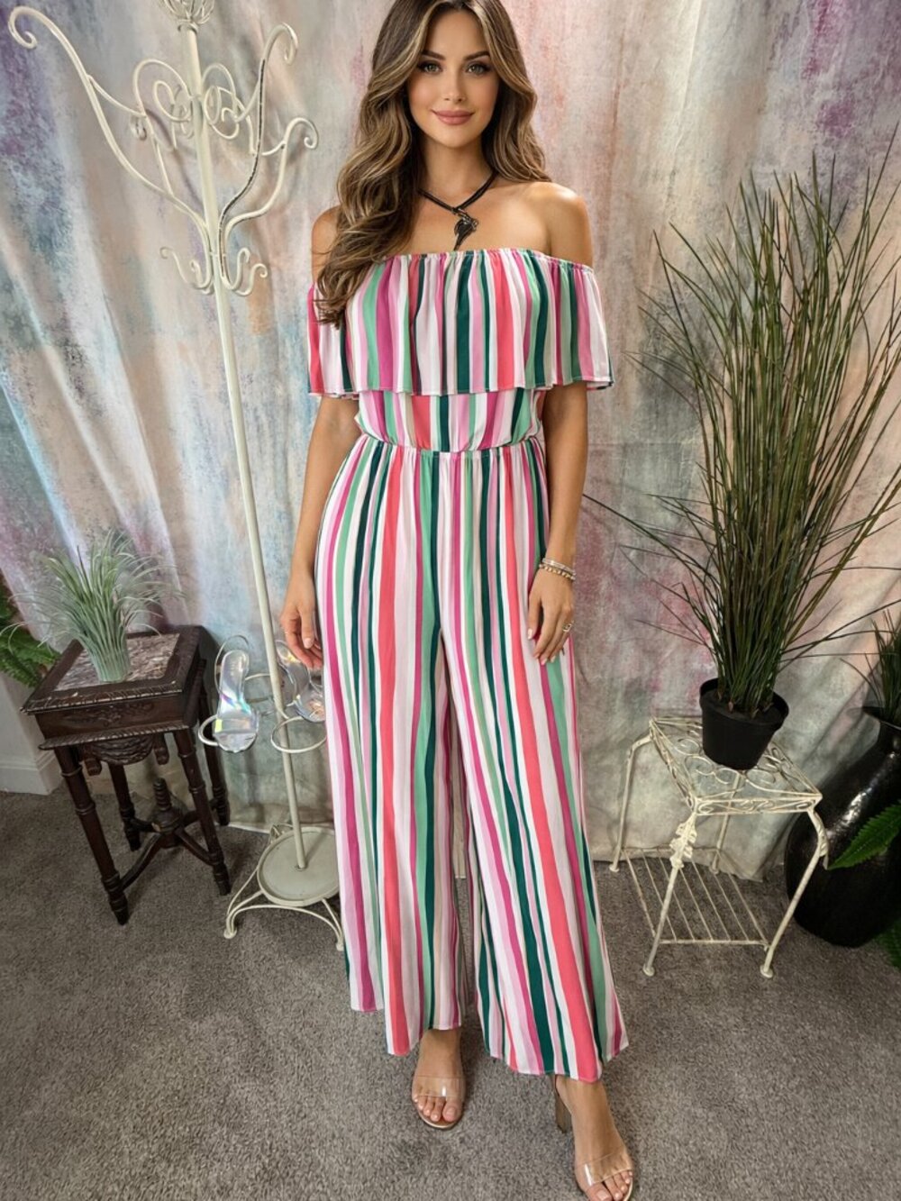 📌Lane Bryant  Flowy Casual Candy Stripe Off-the-Shoulder Wide-Leg Jumpsuit